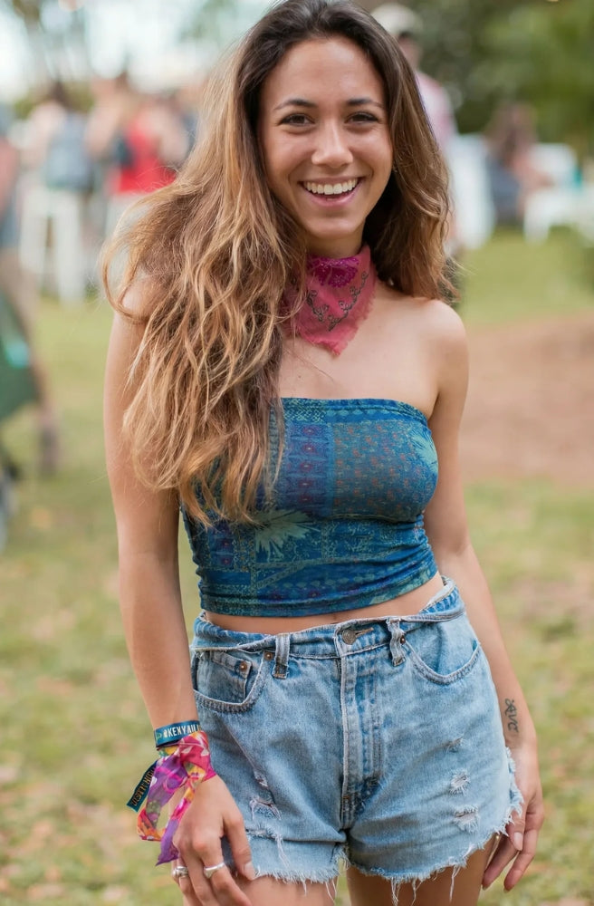 Boho Bandeau Navy Patchwork versatile boho hair accessory in navy and aqua tones