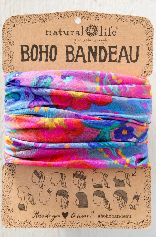 Boho Bandeau Neon Blue Pink vibrant floral stretch headband