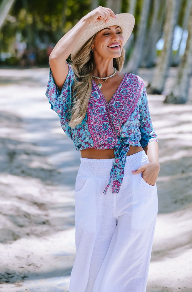 Boho Dreams Shazza Top close up blue magenta print rayon fabric