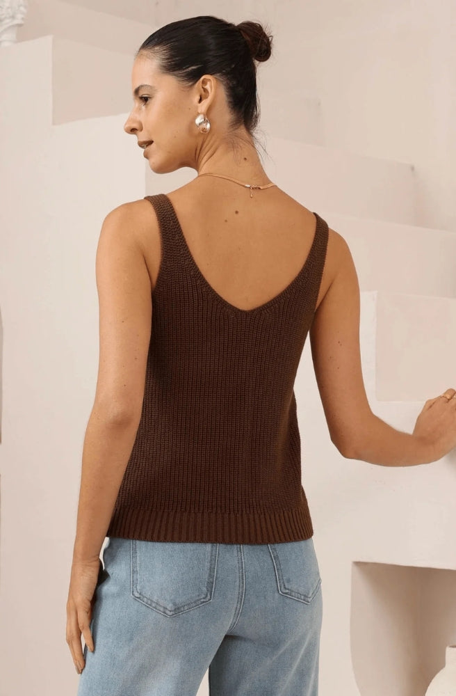 Women's Brown Sands Knit Cami in breathable cotton with wide straps and a flattering V-neck silhouette.