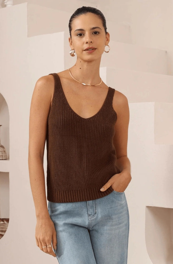 Brown cotton knit cami with a textured finish, V neckline, and relaxed fit for everyday wear