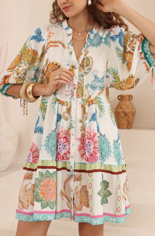 Calipso Bloom Babydoll Dress close up floral paisley print detail