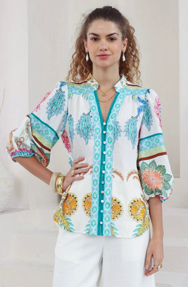 Calipso Bloom Half Sleeve Blouse with colourful Santorini-inspired floral print