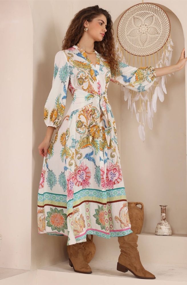 Calipso Bloom Long Sleeve Maxi Dress ivory boho dress with colourful print and floaty relaxed silhouette