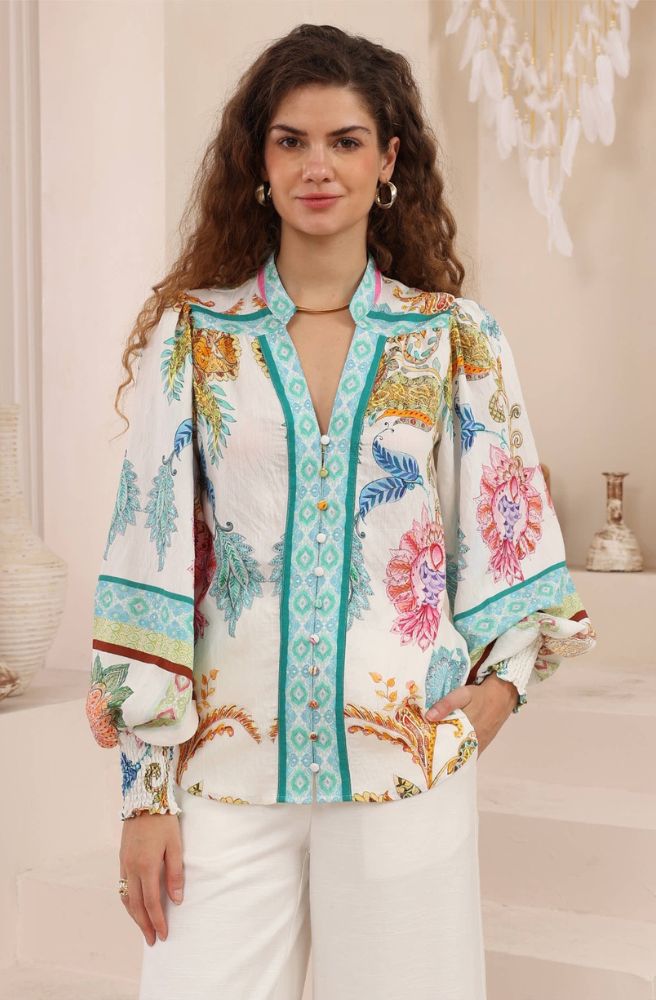 Calipso Bloom long sleeve top close up floral rayon viscose