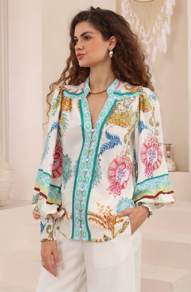 Calipso Bloom long sleeve top side view relaxed boho blouse