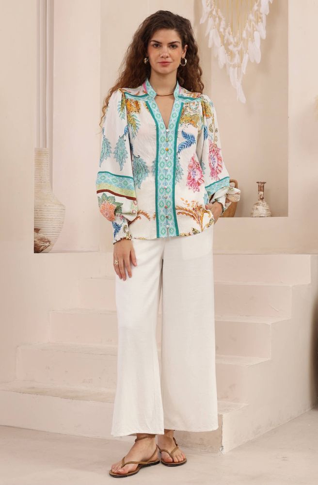 Calipso Bloom long sleeve top boho floral button blouse front