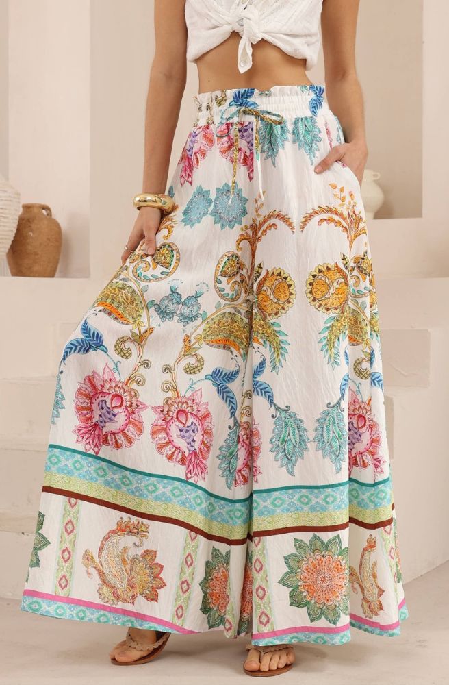 Calipso Bloom maxi pants close up floral rayon viscose fabric