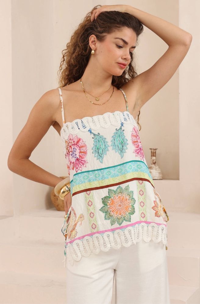 Calipso Bloom top close up floral rayon viscose fabric