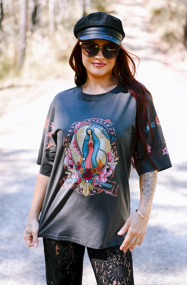 Charcoal Hail Mary Tee with colourful Hail Mary illustration and floral graphic on the front.