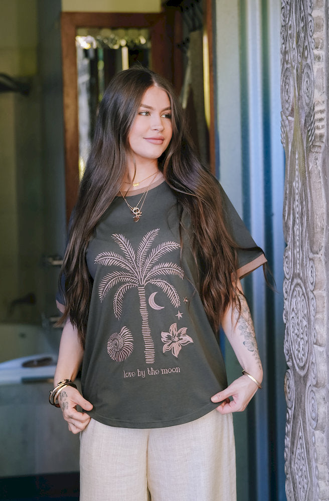 Charcoal Palm Tee earthy graphic tee with palm print, contrast trims and short sleeves