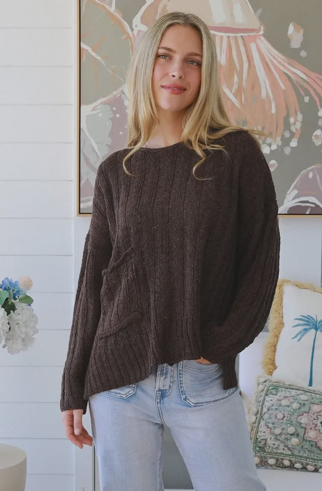 Choco Knit Sweater front view oversized brown textured knit jumper