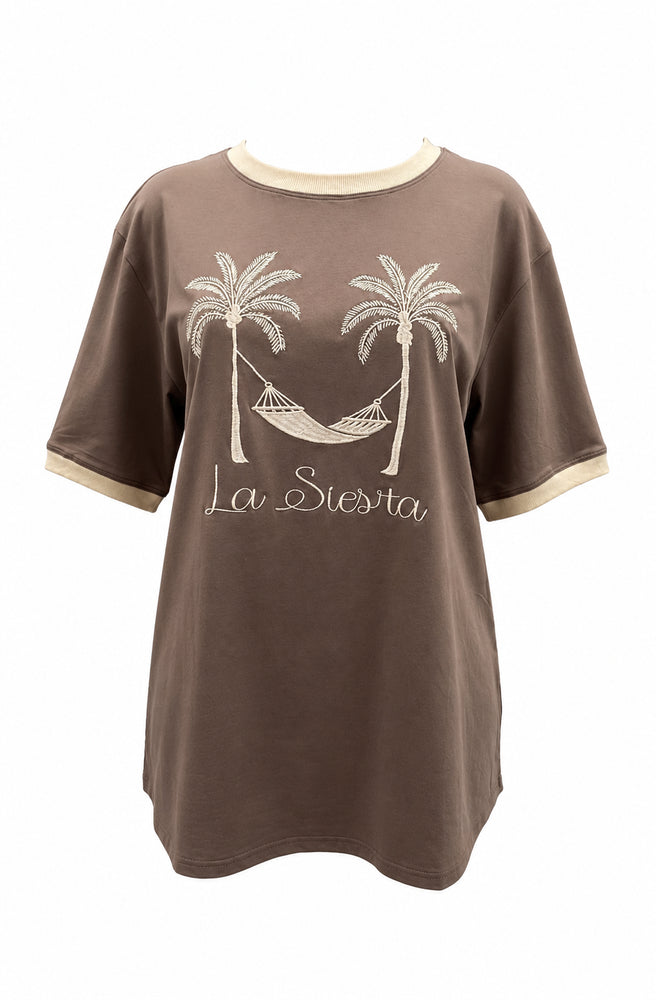 Women's Choco La Siesta oversized cotton T-shirt with contrast cream ribbed trims