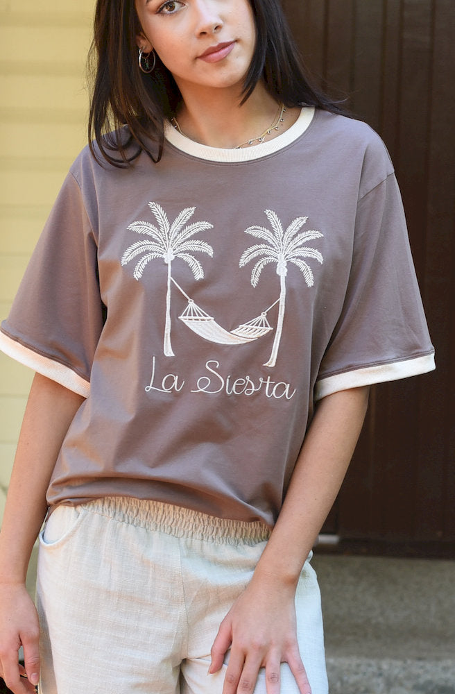 Choco La Siesta embroidered cotton tee with palm tree and hammock design