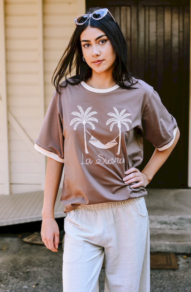 Women's Choco La Siesta oversized cotton T-shirt with contrast cream ribbed trims