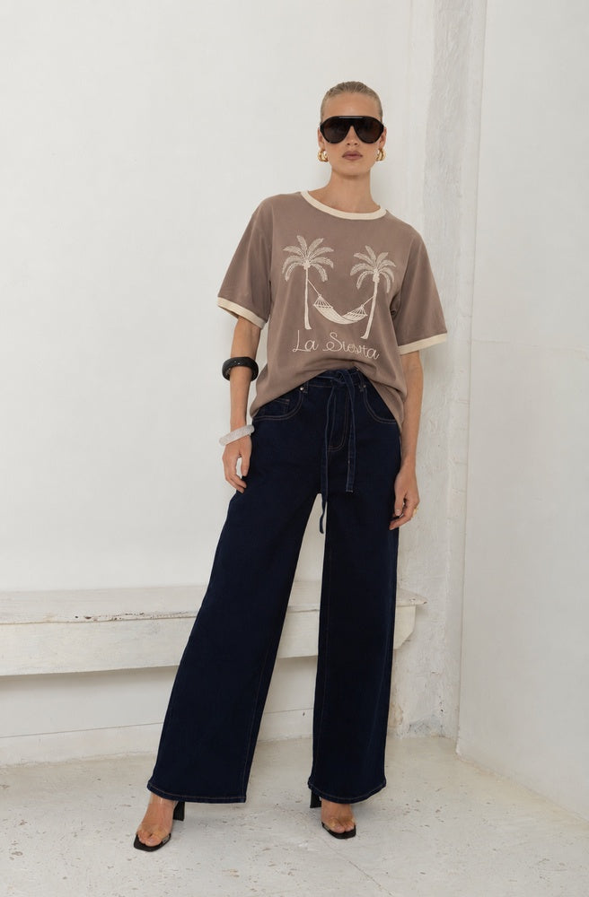 Choco La Siesta embroidered cotton tee with palm tree and hammock design