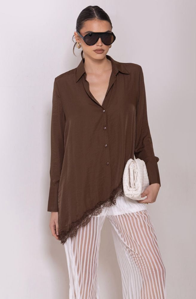 Chocolate Moonlight Satin Shirt in rich brown with lace-trim hem and relaxed button-through silhouette