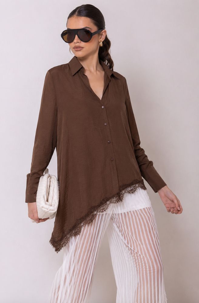 Chocolate Moonlight Satin Shirt soft draping blouse with asymmetrical lace detail and elegant boho styling
