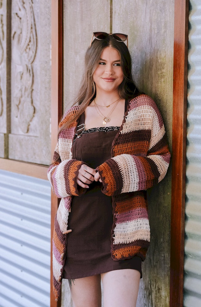 Cinnamon Skies Crochet Cardigan striped cotton crochet cardigan with wooden toggle buttons and relaxed fit