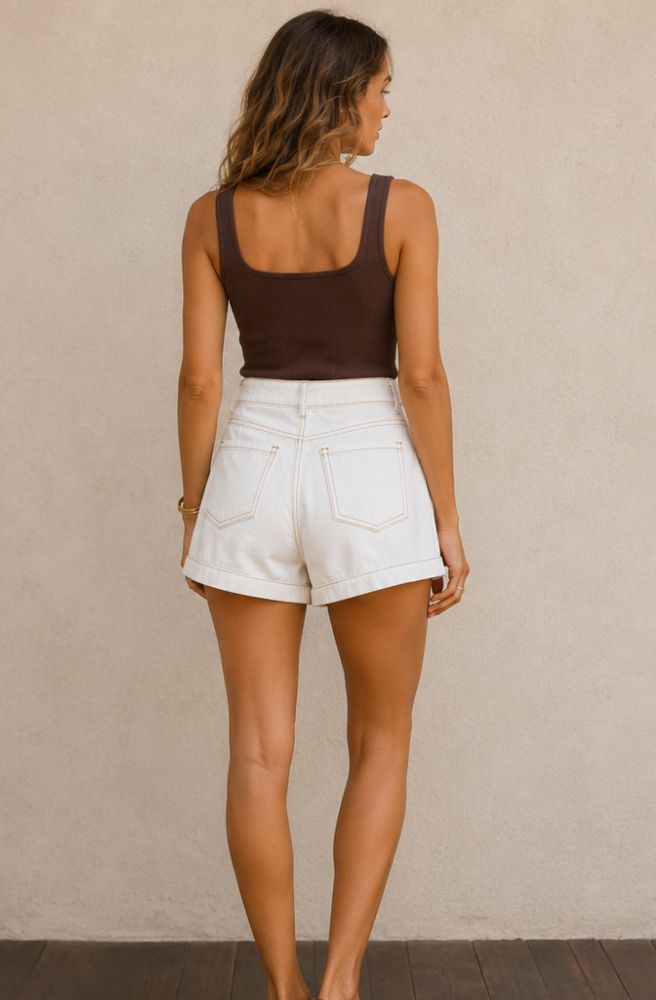 Coastal Breeze Denim Shorts light denim shorts with button detail pockets and flattering high-rise silhouette