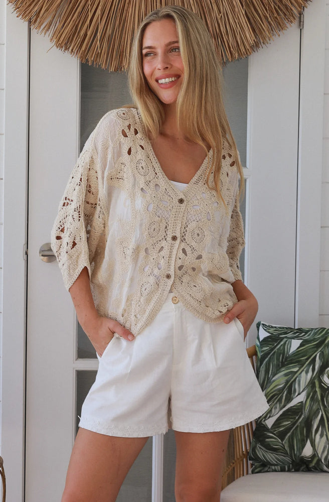 Cream Button Up Cardigan relaxed boho cotton cardigan with crochet panels and draped sleeves