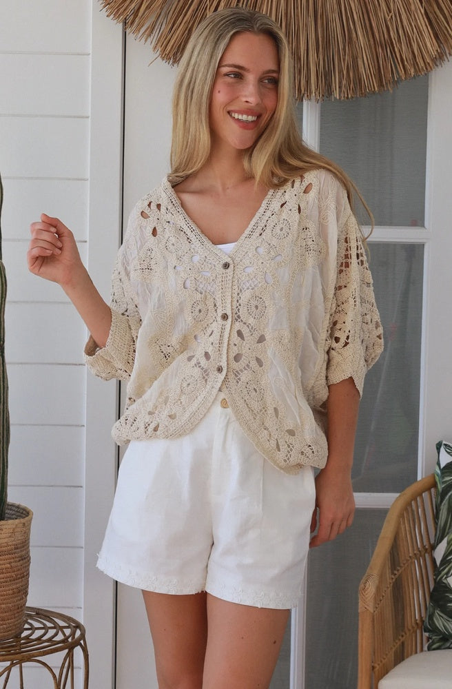 Cream Button Up Cardigan with crochet lace detailing and button front in soft cotton