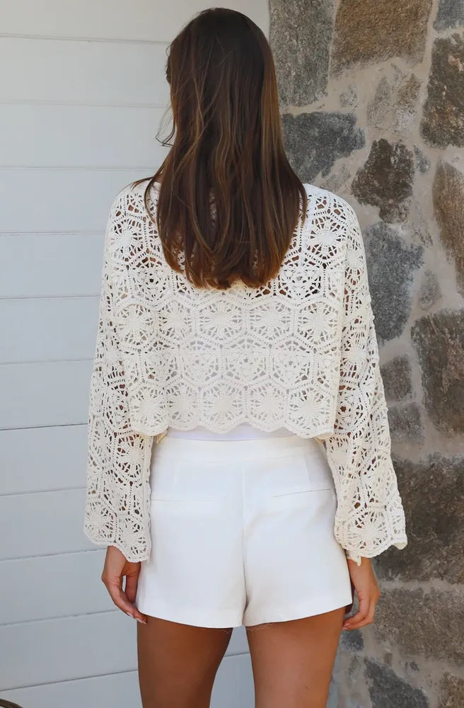 Cream Crochet Top back view relaxed crochet knit cotton top