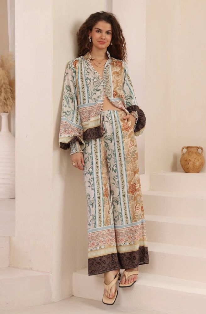 Desert Heirloom long sleeve patchwork blouse front view