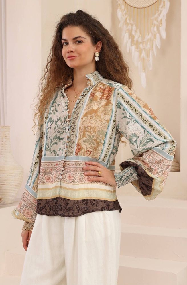 Desert Heirloom long sleeve patchwork blouse front view