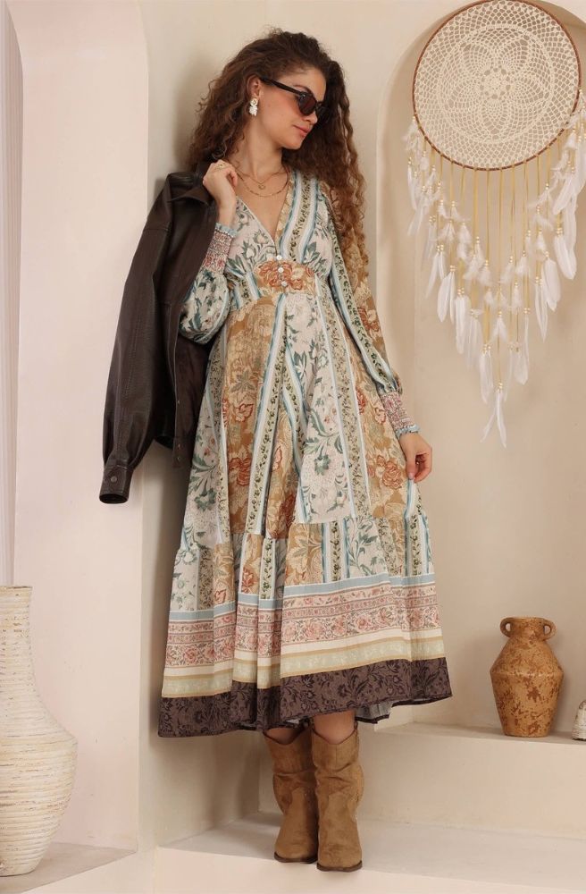 Boho patchwork maxi dress with border hem