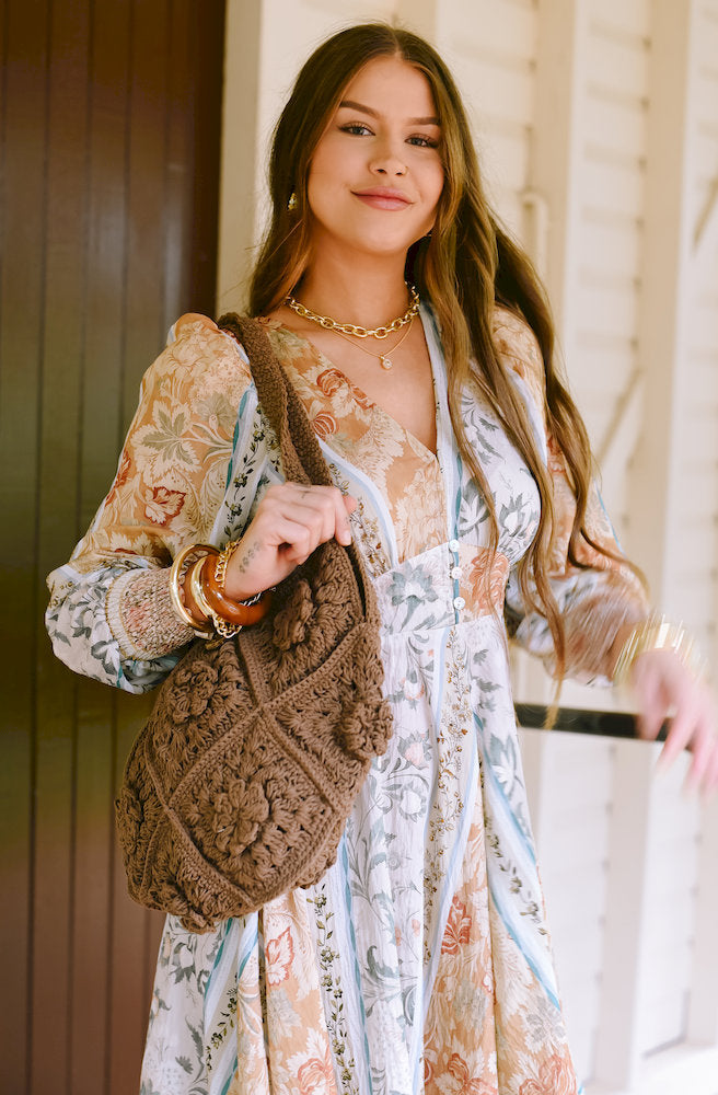 3D Sunflower Flower Choco Crochet Bag Paired with Desert Heirloom maxi Dress