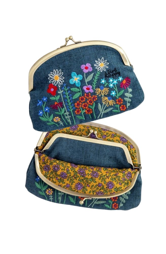 Blue Double Kisslock Coin Purse with colourful floral embroidery, metal frame and contrasting patterned lining