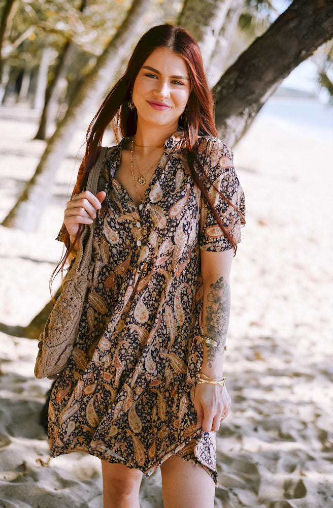 Women's Dusk Paisley Cherry Mini Dress in lightweight rayon voile with short flutter sleeves, button-front detail and effortless boho styling.