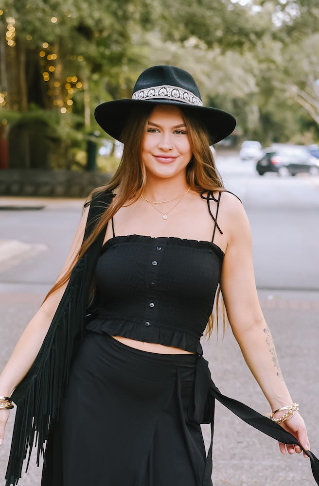 Ebony Button Tube front view black shirred bandeau top