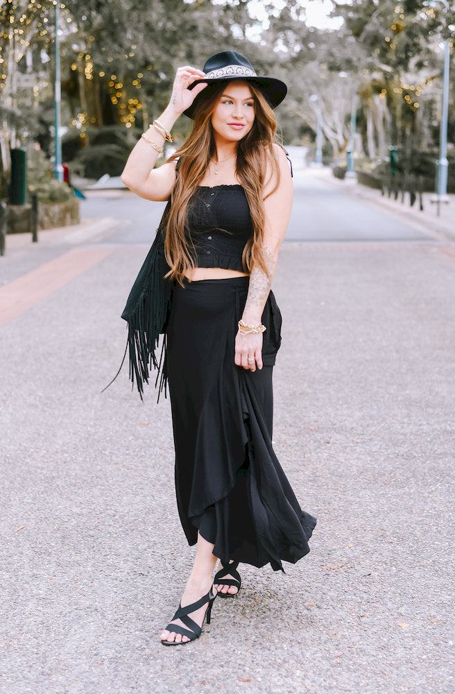 Ebony Button Tube side view black tie strap bandeau top