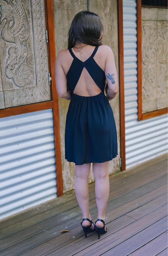 Ebony Orphelia Mini Dress Back view lightweight black mini dress 