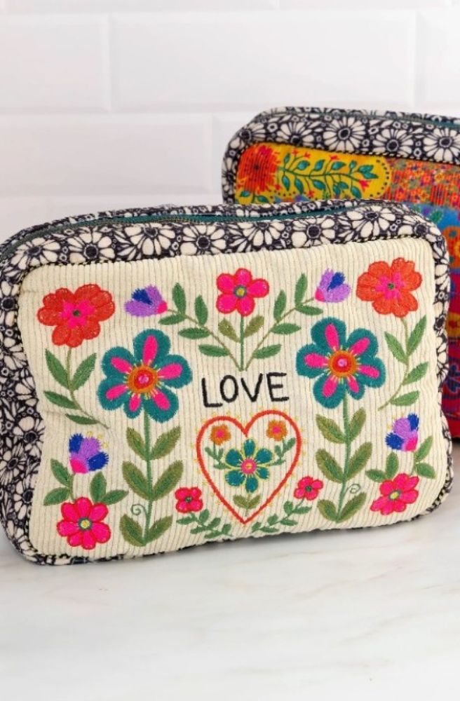 Embroidered Cosmetic Pouch Cream Love with colourful floral embroidery and heart design