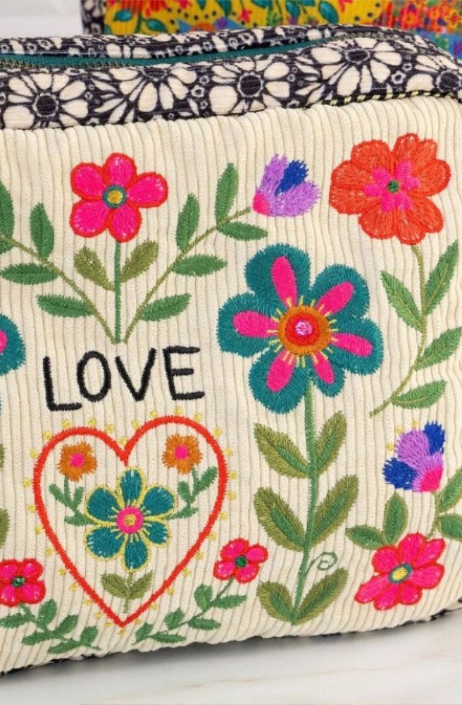 Embroidered Cosmetic Pouch Cream Love