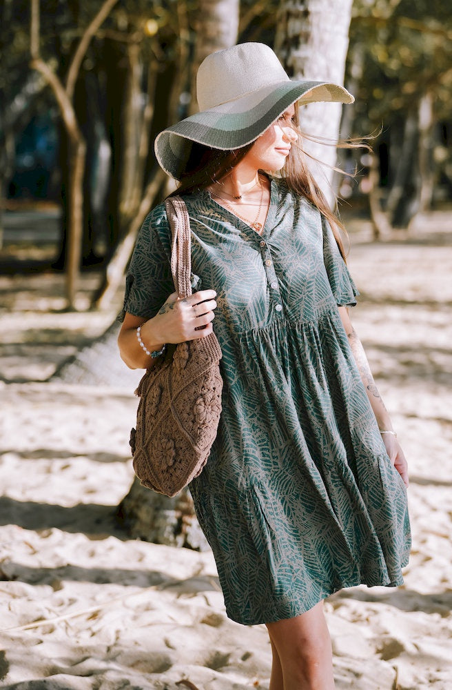 Women's Forest Essence Cherry Dress in lightweight rayon voile with botanical print, flutter sleeves and side pockets