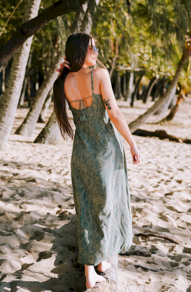 Women's Forest Essence Dune Dress featuring a relaxed botanical print maxi dress with side splits and lightweight rayon voile