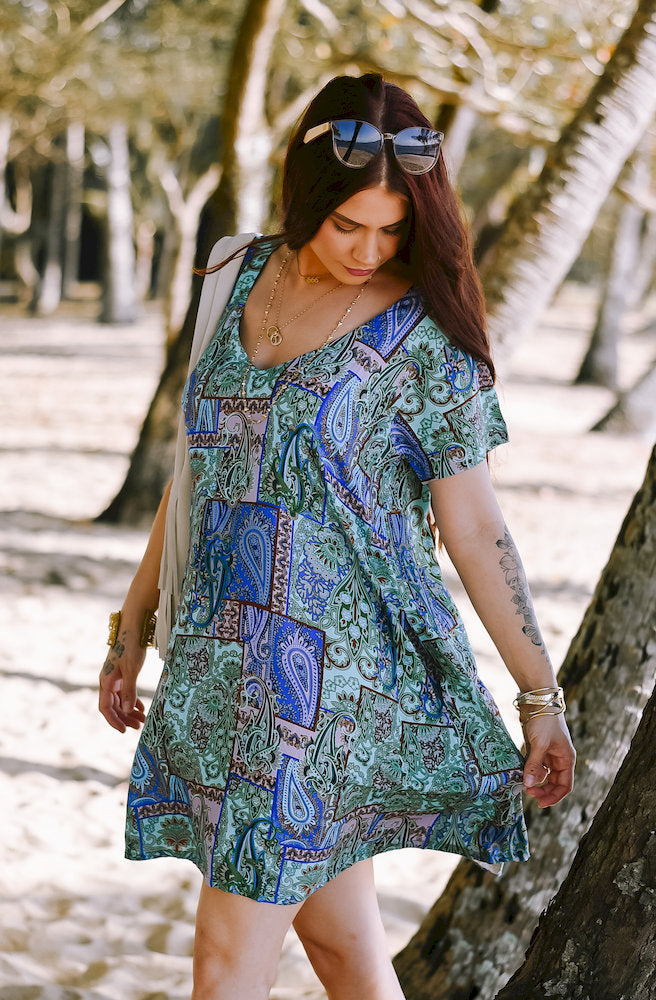 Women's Forest Patch Raya Mini Dress with a loose mini silhouette, colourful paisley-inspired print and effortless boho styling.