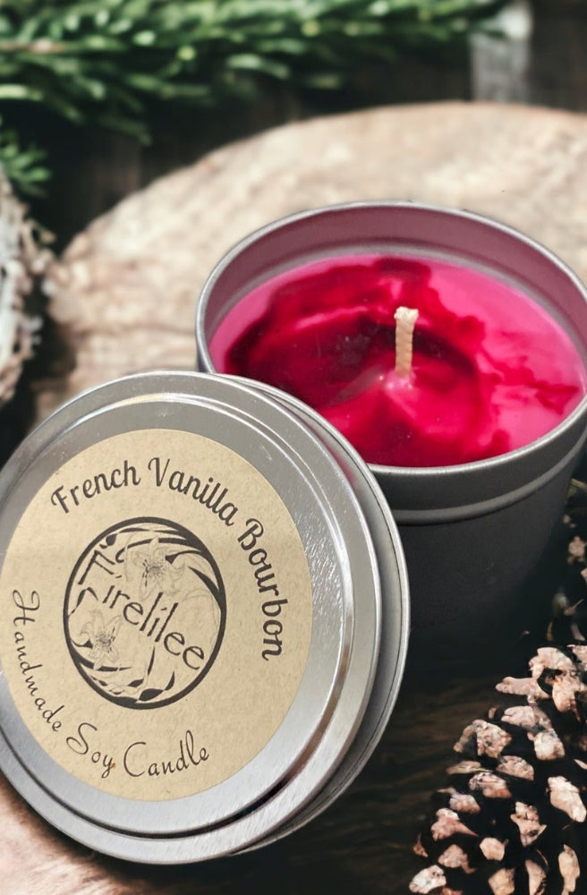 French Vanilla Bourbon Soy Candle in a silver tin with warm vanilla fragrance