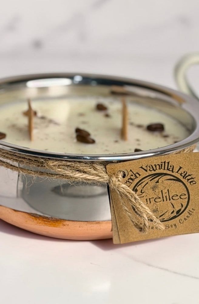 French Vanilla Latte Soy Candle in a silver bowl with coffee beans and natural twine detail.
