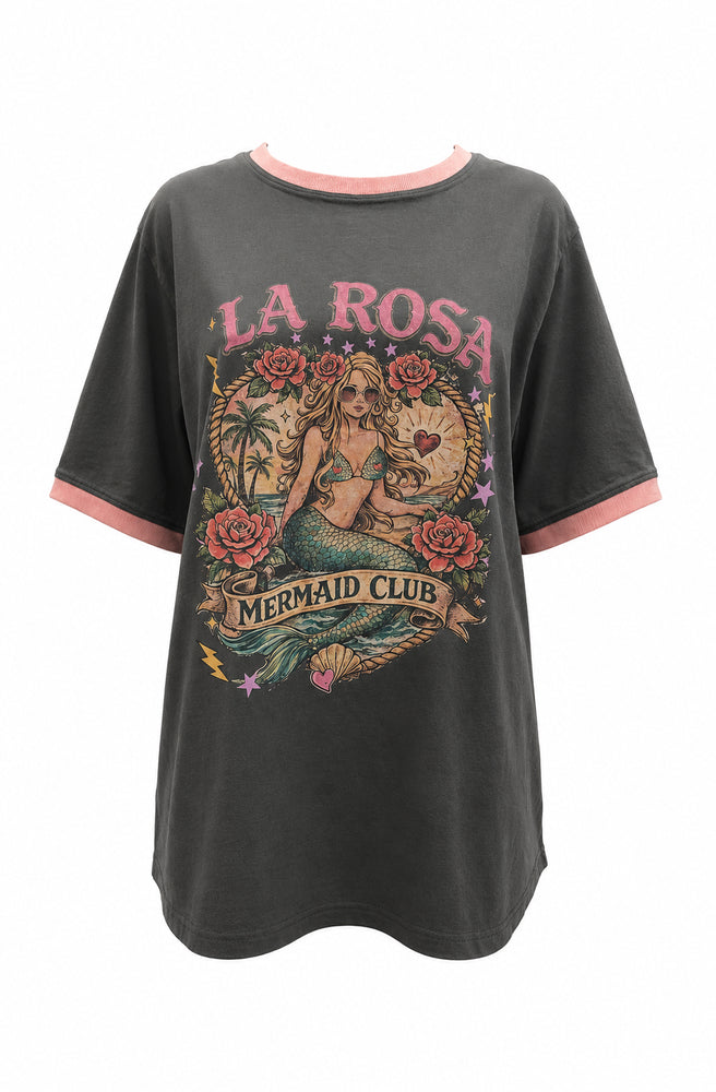 Women's Grey La Rosa graphic T-shirt with contrast pink ribbed neckline and cuffs