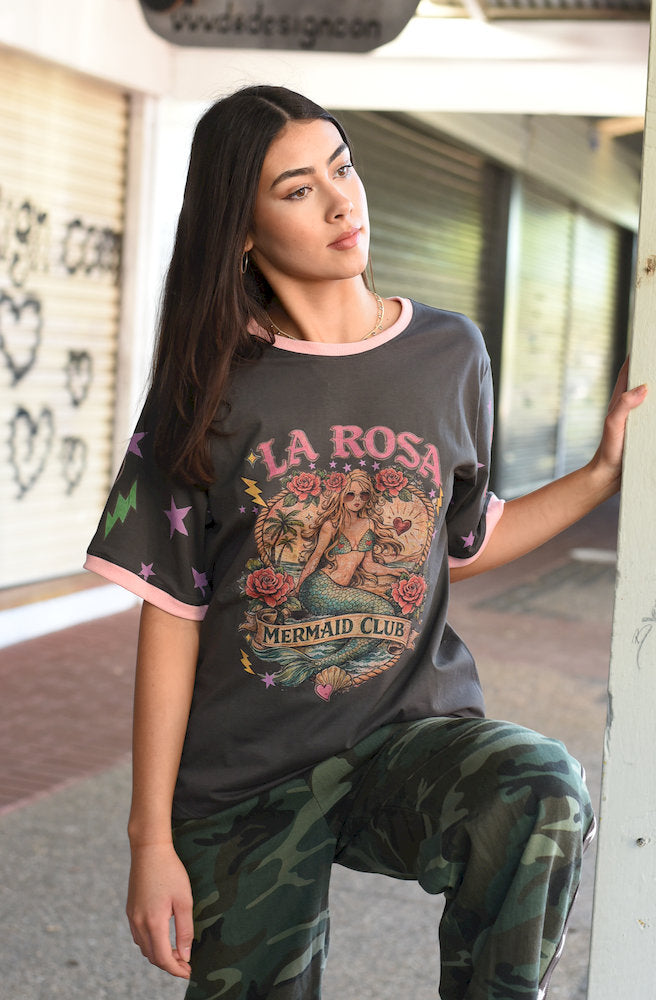 Grey La Rosa oversized cotton tee with vintage Mermaid Club graphic