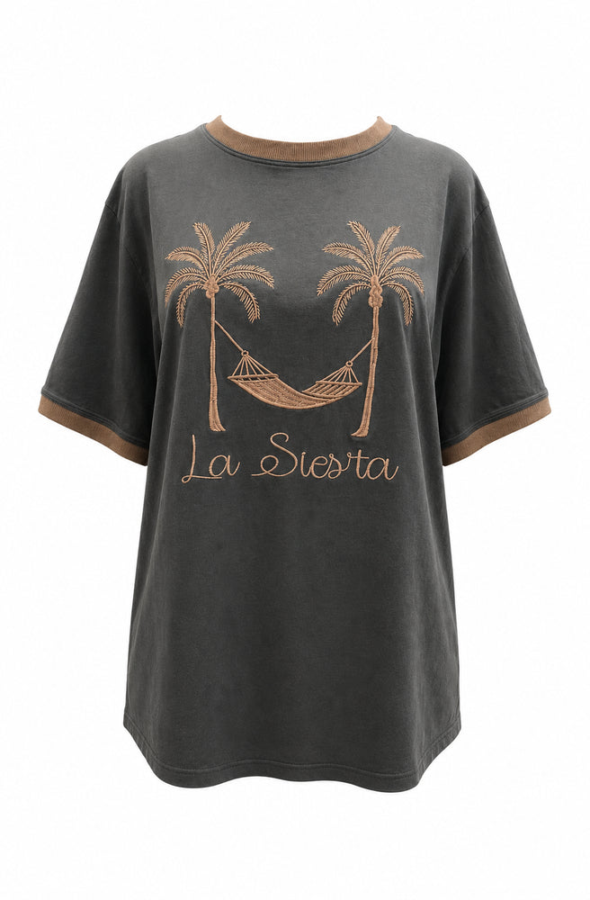 Women's Grey La Siesta oversized cotton T-shirt with mocha contrast ribbed trims
