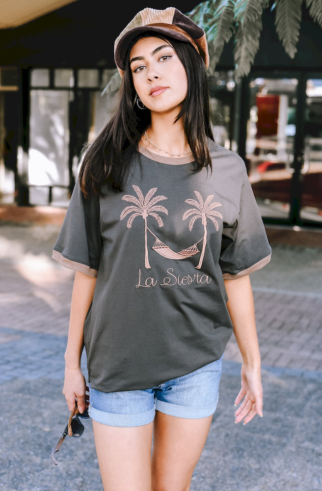 Grey La Siesta embroidered cotton tee with palm tree and hammock design