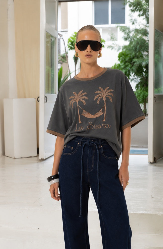 Grey La Siesta embroidered cotton tee with palm tree and hammock design