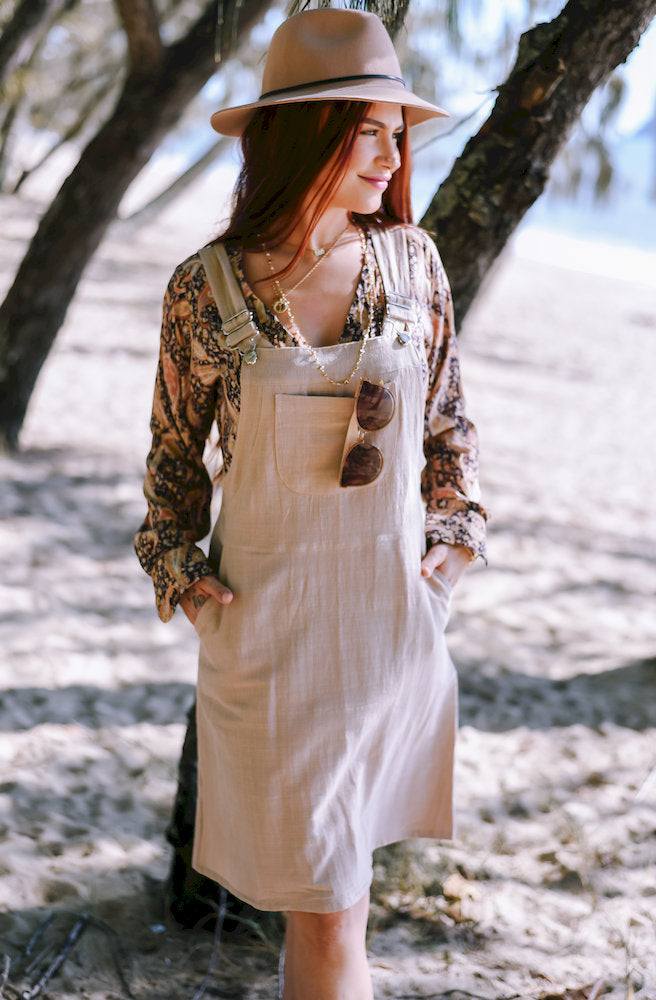 Women's Gypsy Thread Pinafore Mid Short Cream in soft textured cotton styled as an effortless boho layering piece.