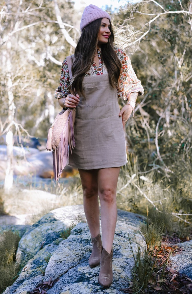 Gypsy Thread Pinafore Cream front view cotton mini pinafore dress